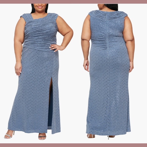 NWT $245 Alex Evenings [ 20W‎ ] Sequin Ruched Neck Sparkle Knit Gown Blue - Picture 1 of 14